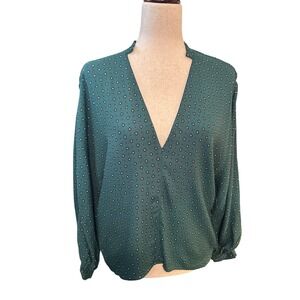 & Other Stories Stockholm Atelier Green Medallion‎ Dolman Sleeve V-Neck Blouse 6